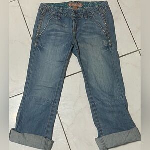 Candie’s faded Capri length cuffed denim vintage rhinestone crystal studs jeans